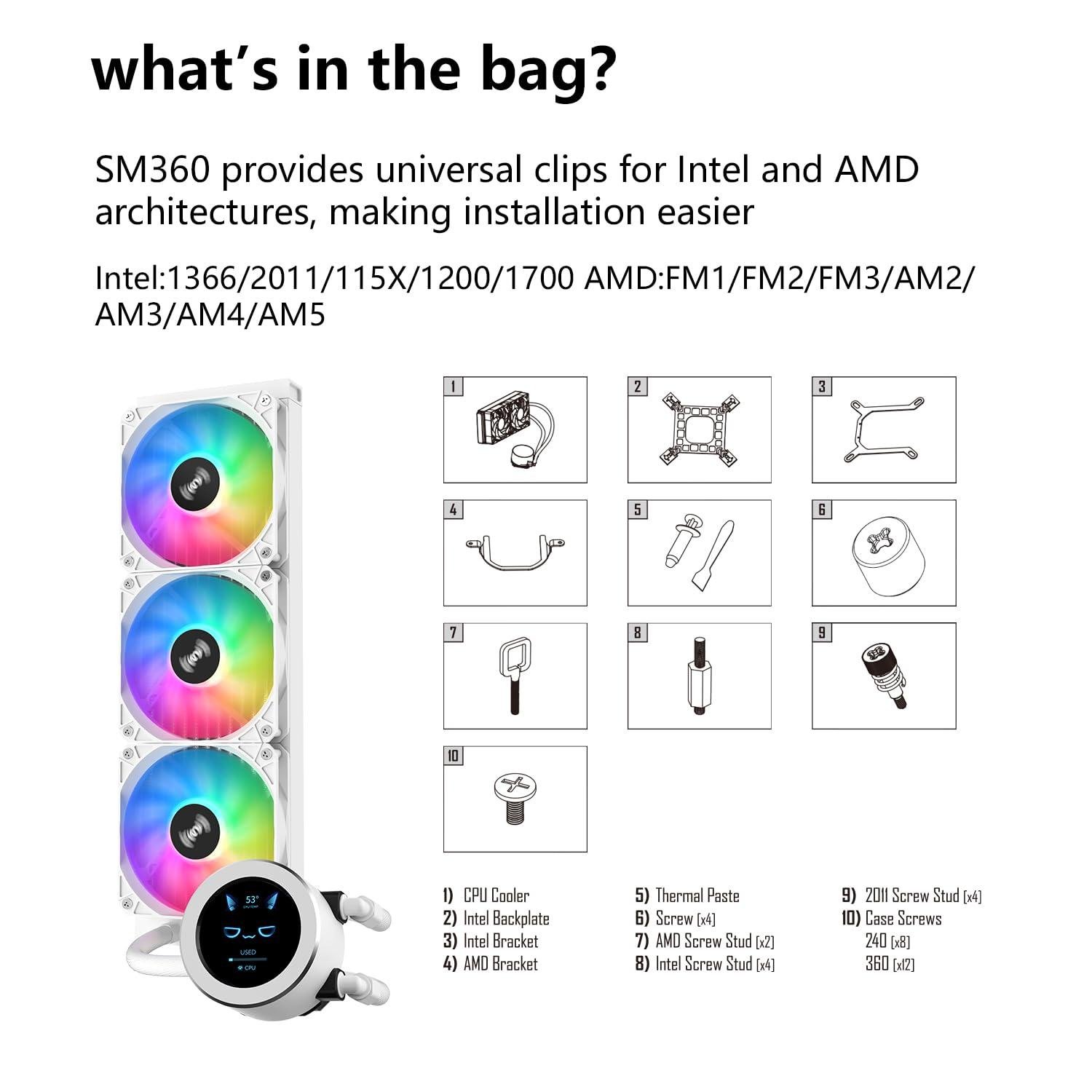 SAMA SM360 PRO AIO 360mm Liquid Cooler 2.8 inch Screen LCD Display CPU Cooler_WHITE